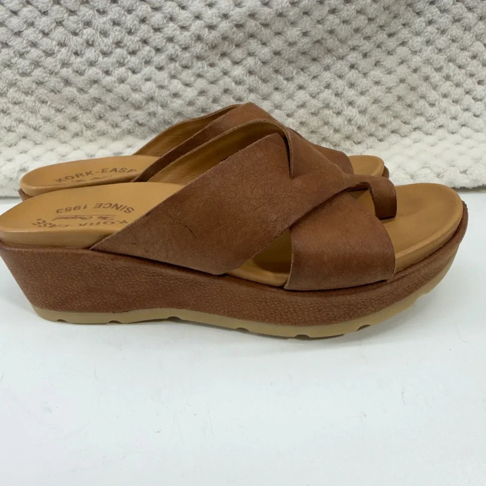 Kork-Ease K66057 Platform Slide Sandals Womens 6 Brown Leather Toe Loop Wedge